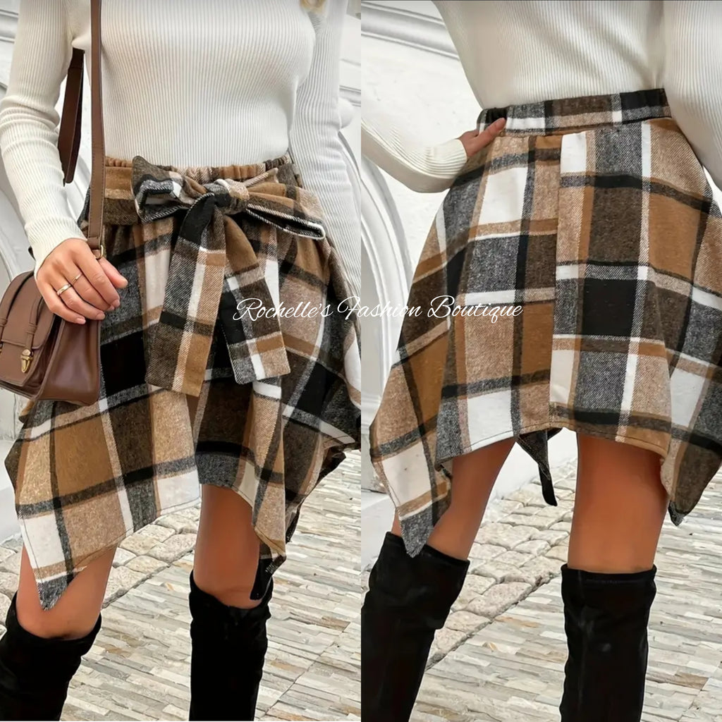 Muliti Brown Plaid Front Tie Skirt