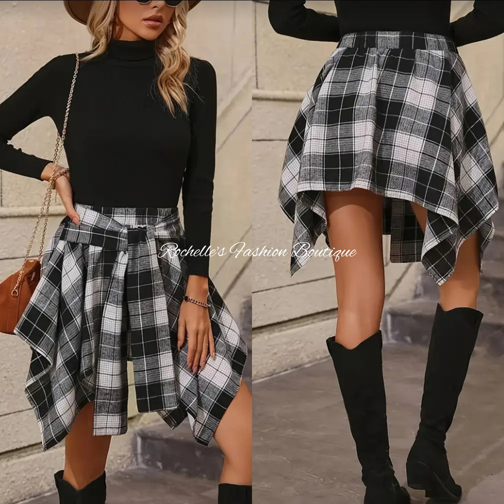 Muliti Black Plaid Front Tie Skirt