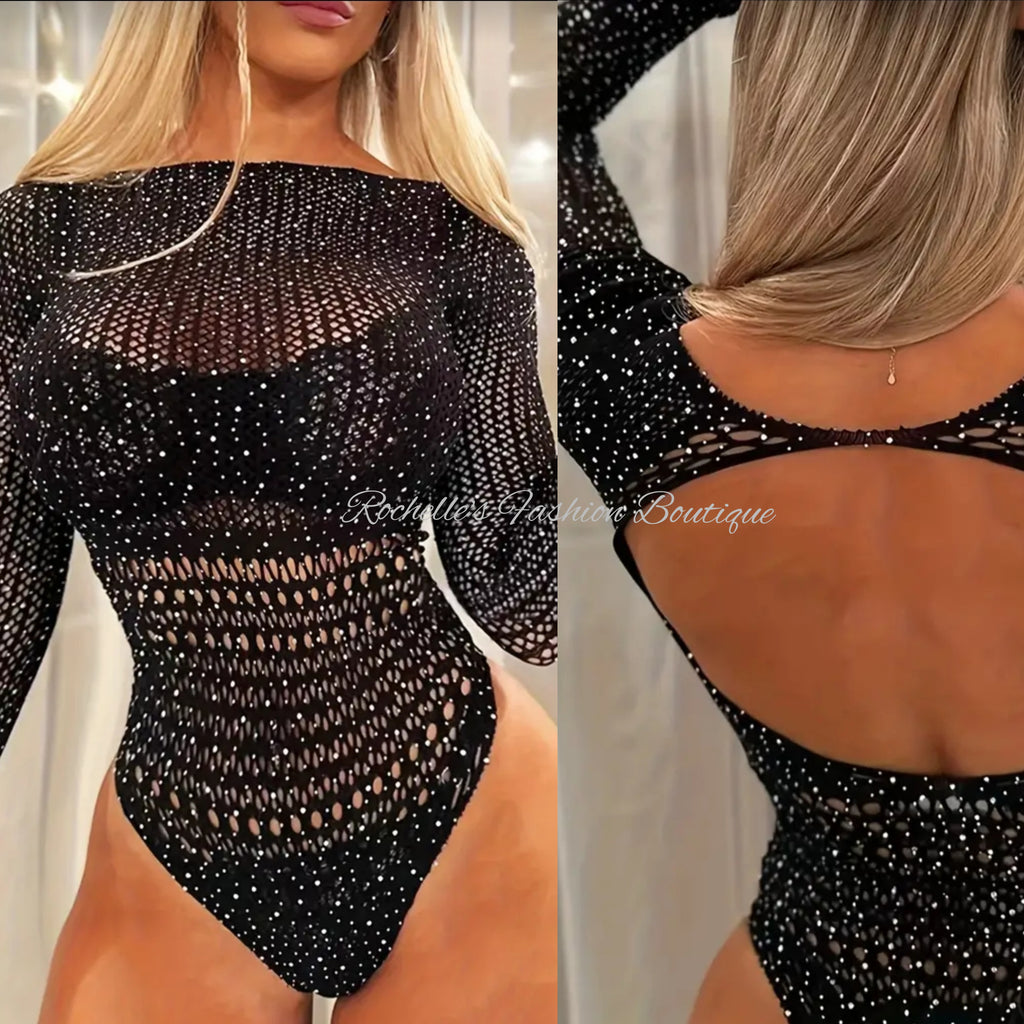 Black One Size Rhinestone Open Black Bodysuit