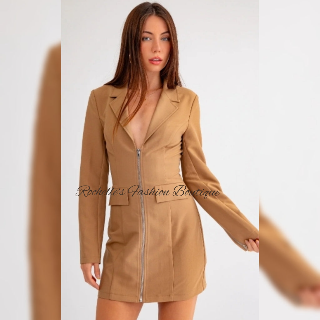 Tan L/S Front Zipper Blazer Dress