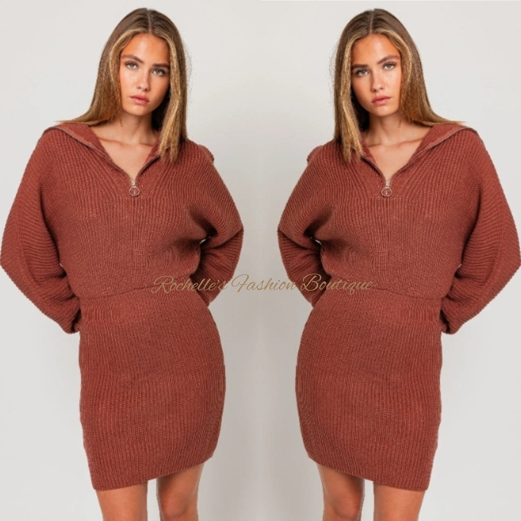 Brown Collarded Half Zipper Sweater Dress