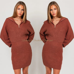 Brown Collarded Half Zipper Sweater Dress