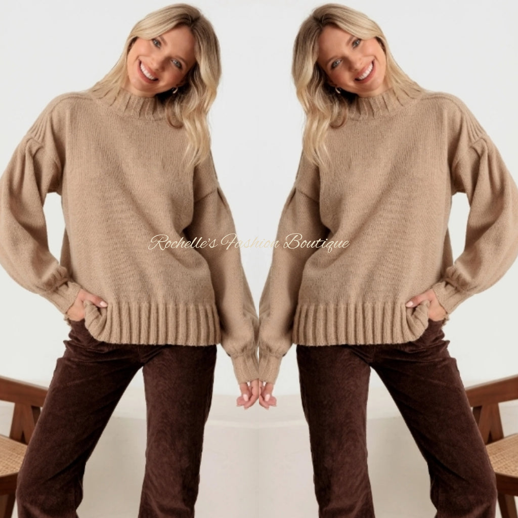 Mocha Crew Neck Long PUFF Sleeve Sweater