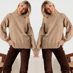 Mocha Crew Neck Long PUFF Sleeve Sweater