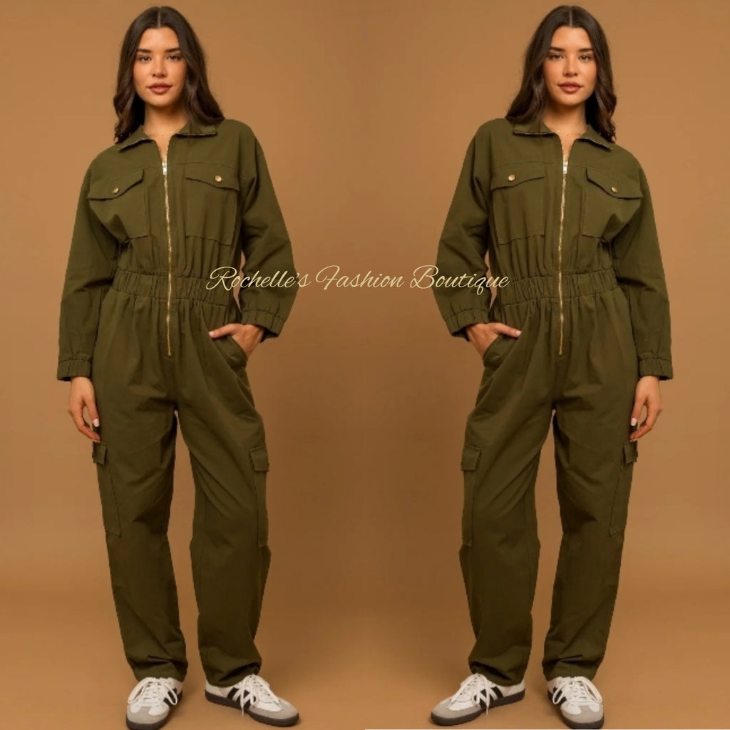 Olive  Green Cotton  Front Zipper Cargo Jumpsuit