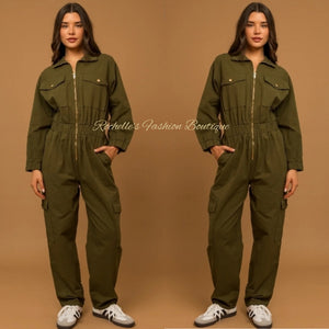 Olive  Green Cotton  Front Zipper Cargo Jumpsuit