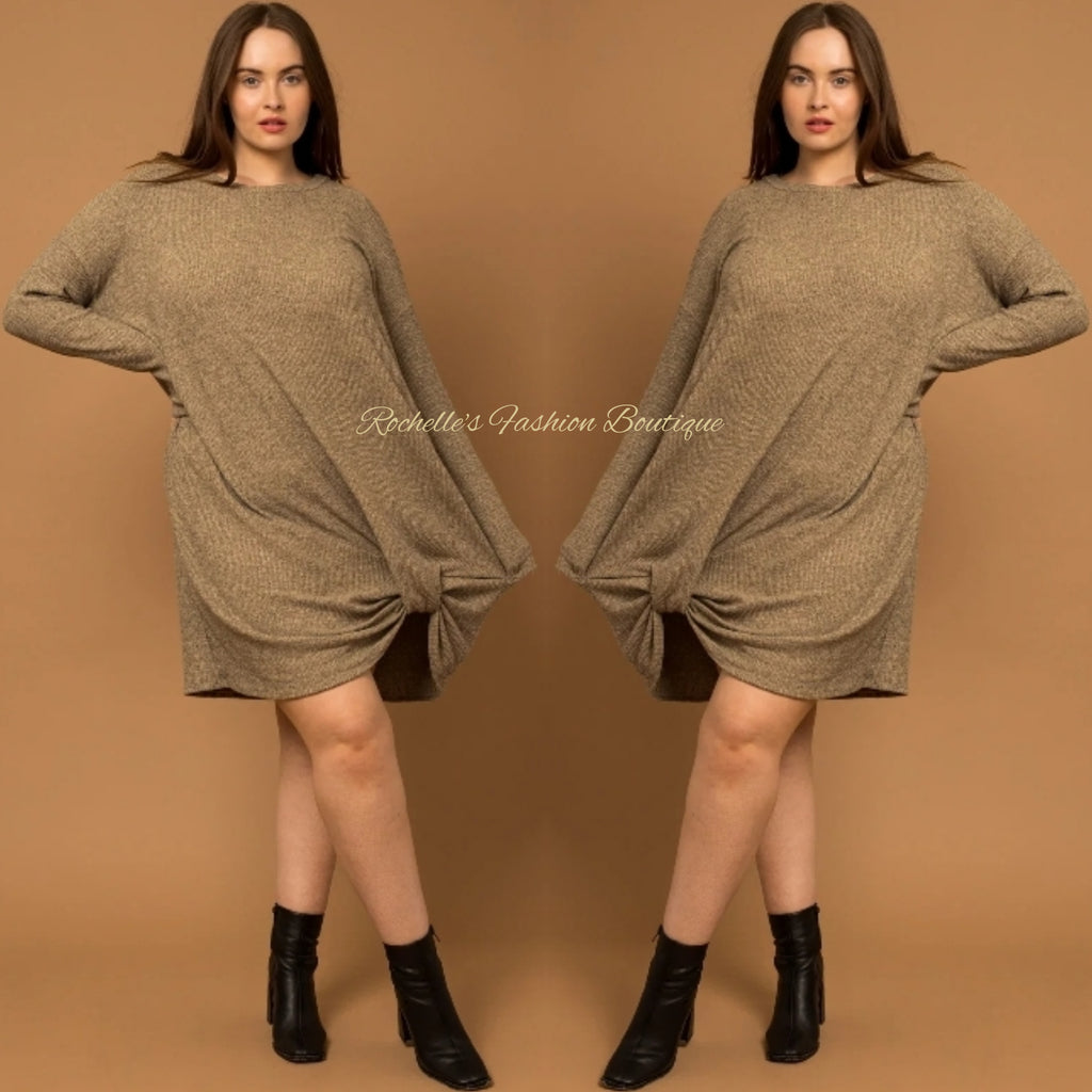 Tan Plus Ribbed L/S Dress