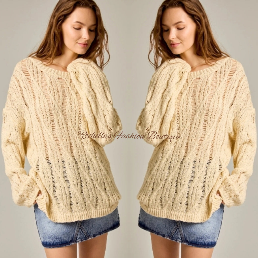 Cream Round Neck Crochet Sweater