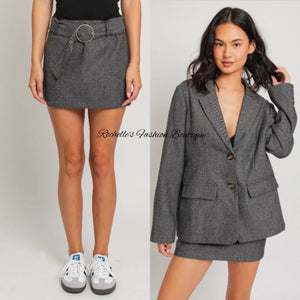 Grey Oversize Pocket Blazer Skirt Set