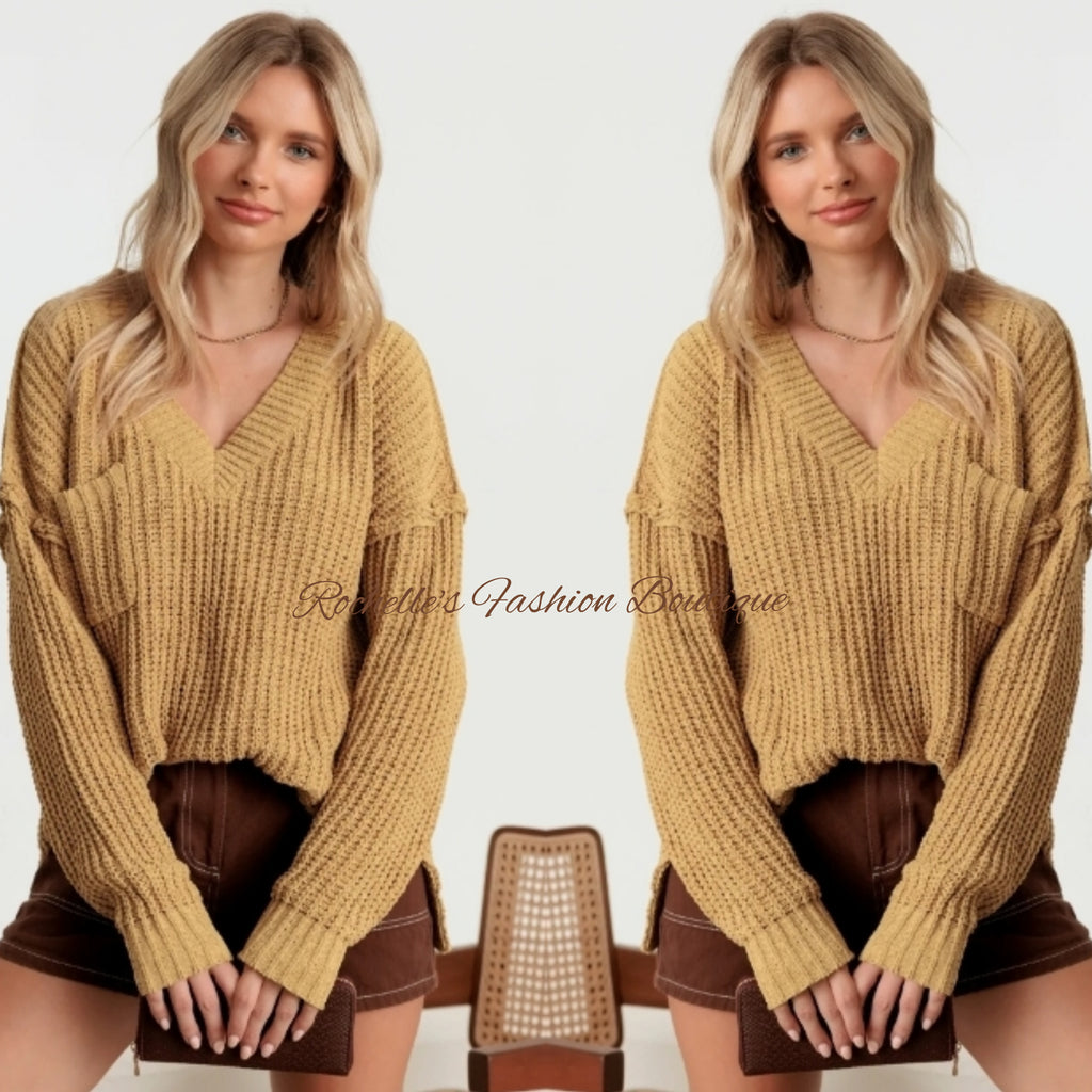 Tan Front Pockket V Neck Sweater