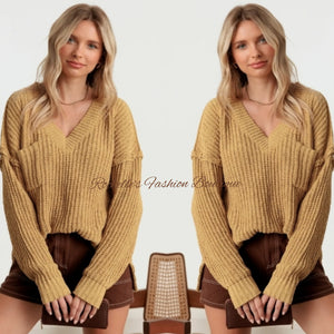 Tan Front Pockket V Neck Sweater