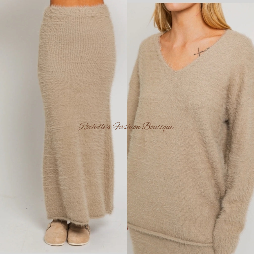 Soft Tan V Neck  Fuzzy Sweater Skirt Set