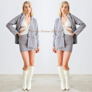 Grey Blazer High Waist Mini Skirt Set