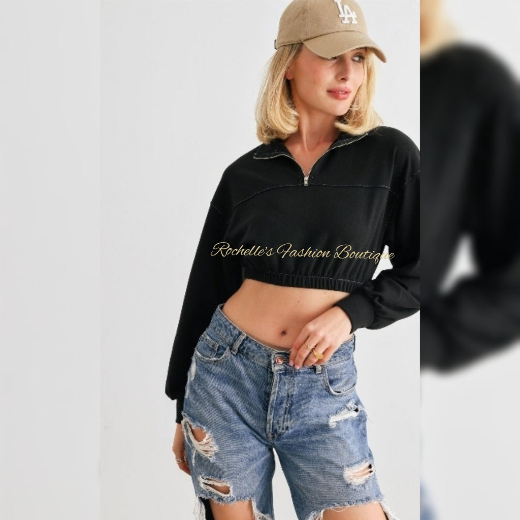 Black Zip-Up Mock Neck L/S Crop Top