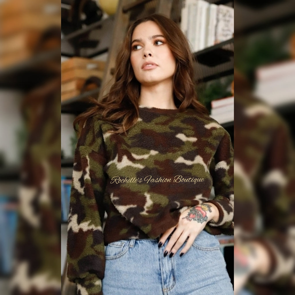 Olive Camo Crew Pullover Sweater