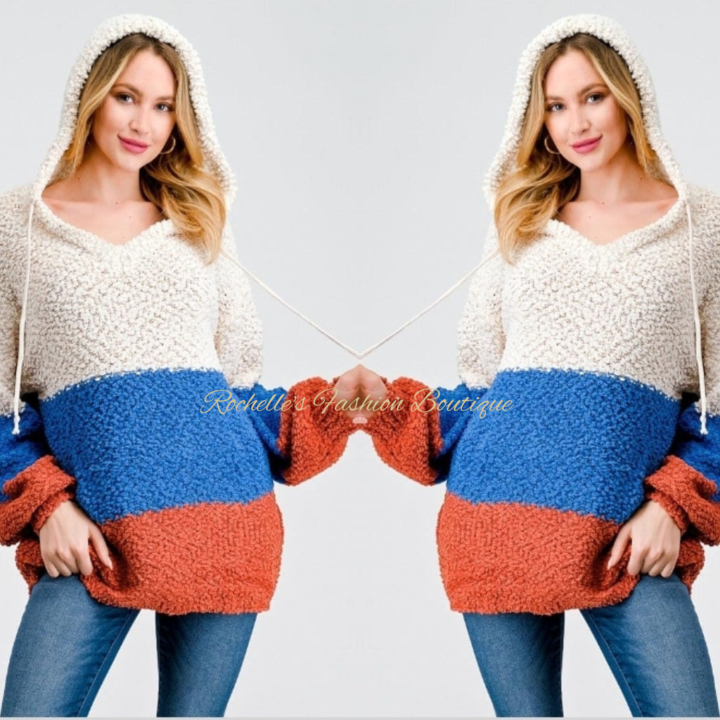 Muliti Blue Color Block Hooded Sweater