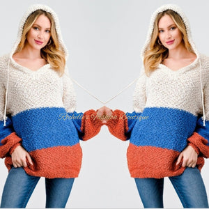 Muliti Blue Color Block Hooded Sweater