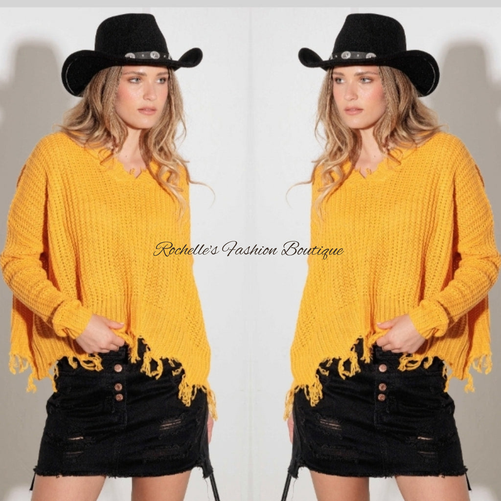 Mustard V-Neck Destroyed Sweater