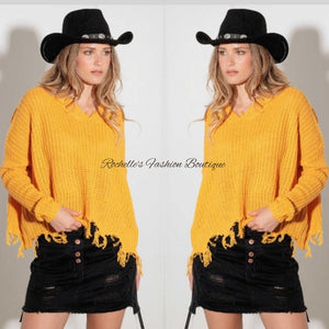 Mustard V-Neck Destroyed Sweater