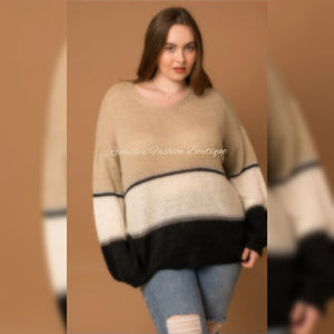 Taupe Plus V-Neck Muliti Striped Sweater