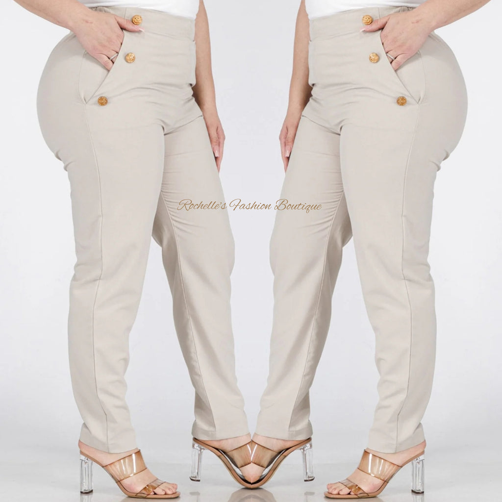 Taupe Buttons Detailed Skinny Plus Pants