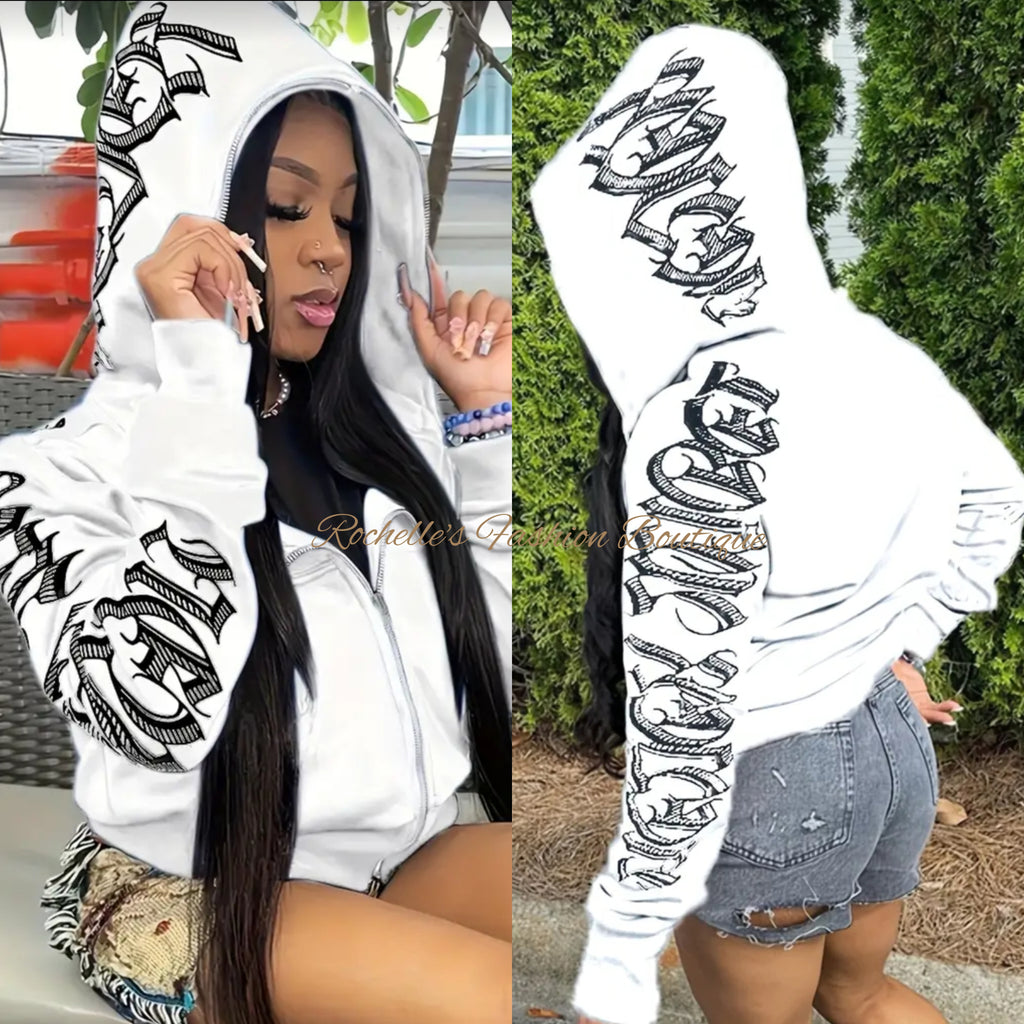 White Lettering Print Zip Up Hoodie