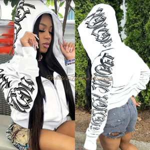 White Lettering Print Zip Up Hoodie