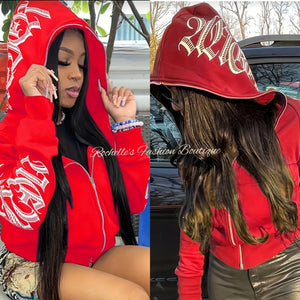 Red Lettering Print Zip Up Hoodie