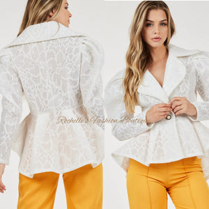 White Lace Hi Low Puff Sleeve Blazer