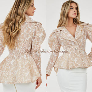 Tan Lace Hi Low Puff Sleeve Blazer