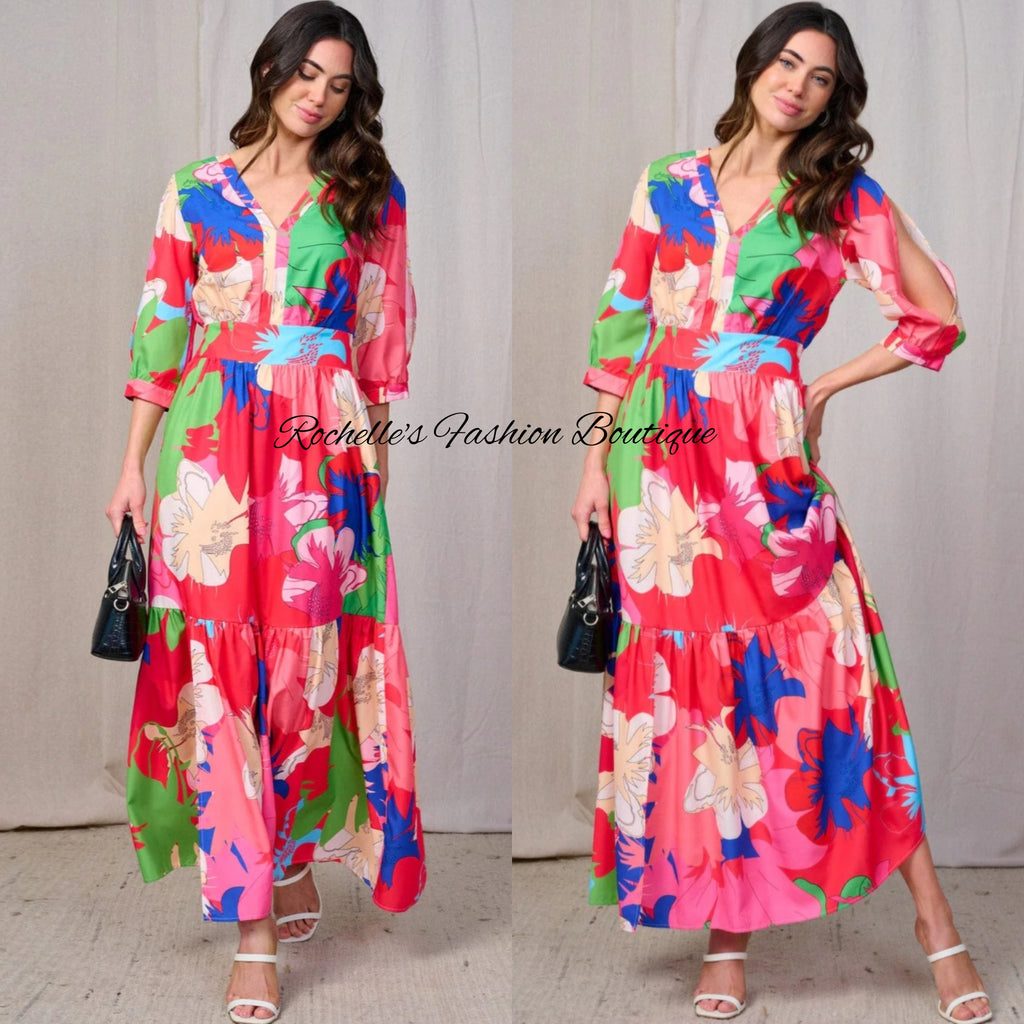 Muliti Pink Flora 3/4 Sleeve Maxi Dress