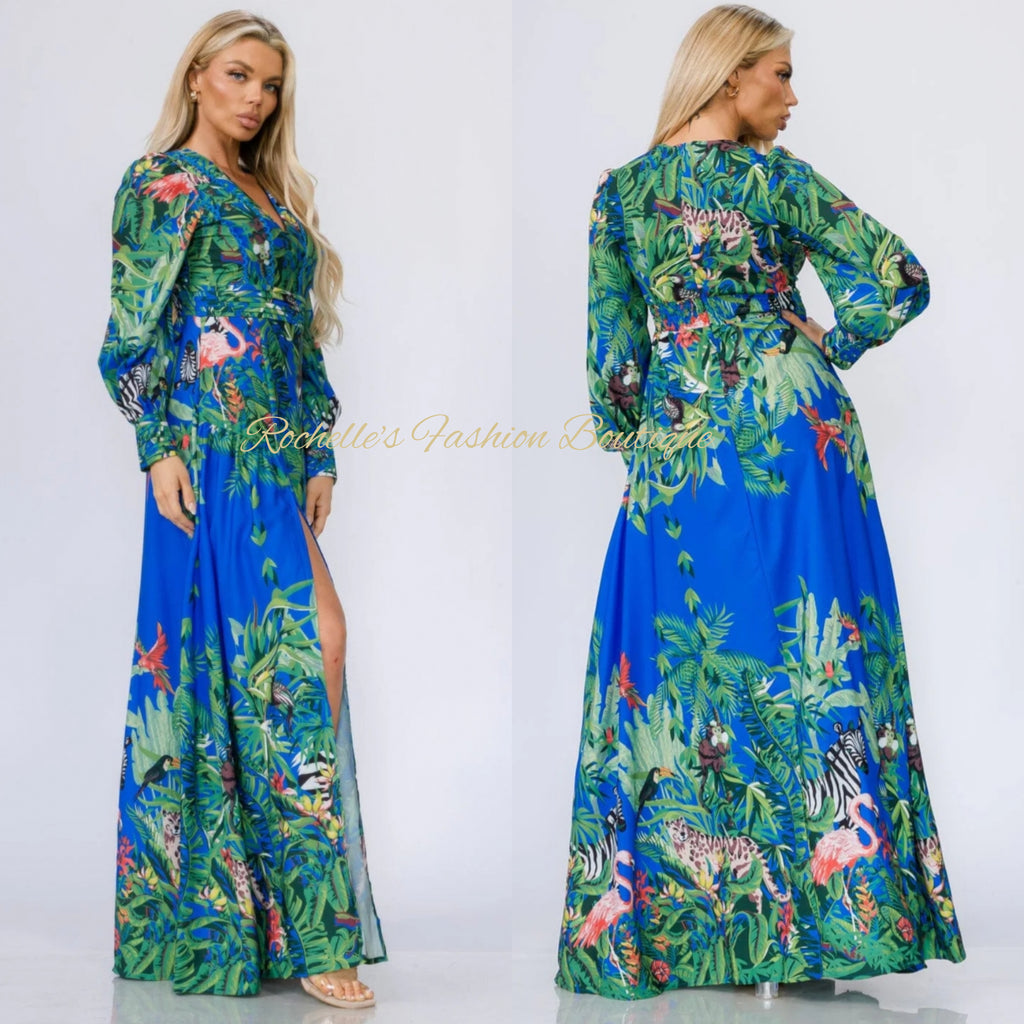 Muilti Royal L/S Flora V Neck Maxi Dress