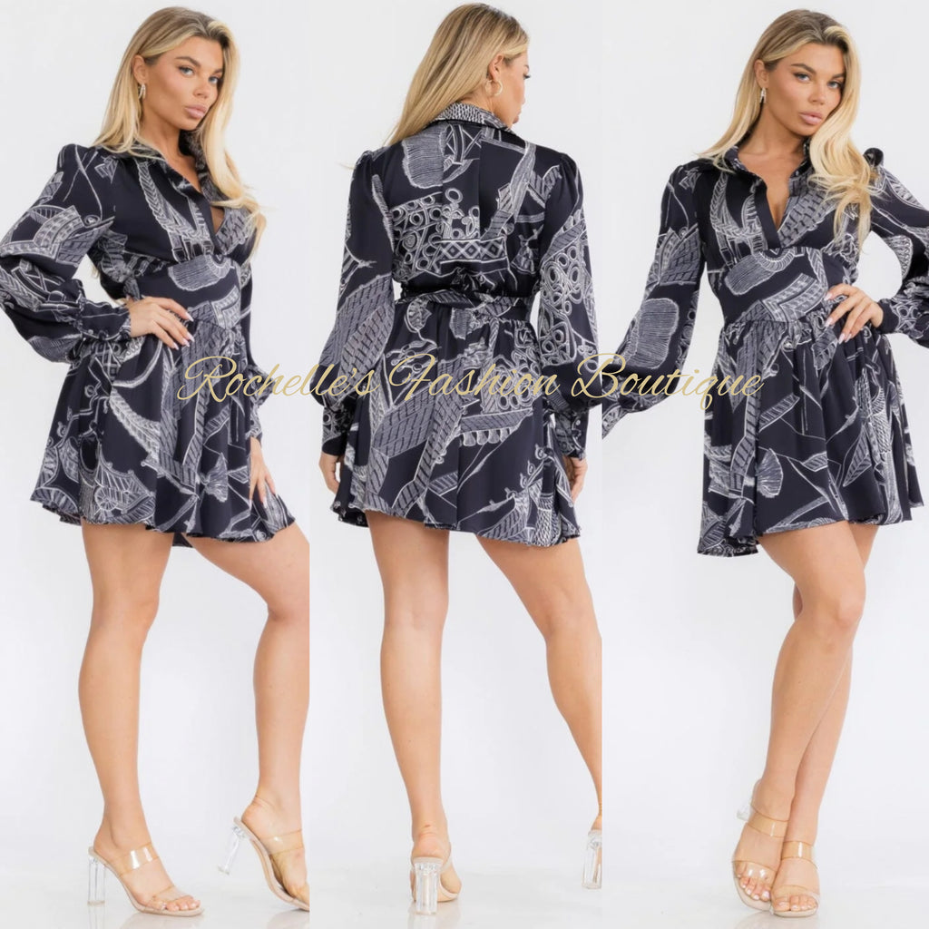 Navy L/S Flare Short Dress