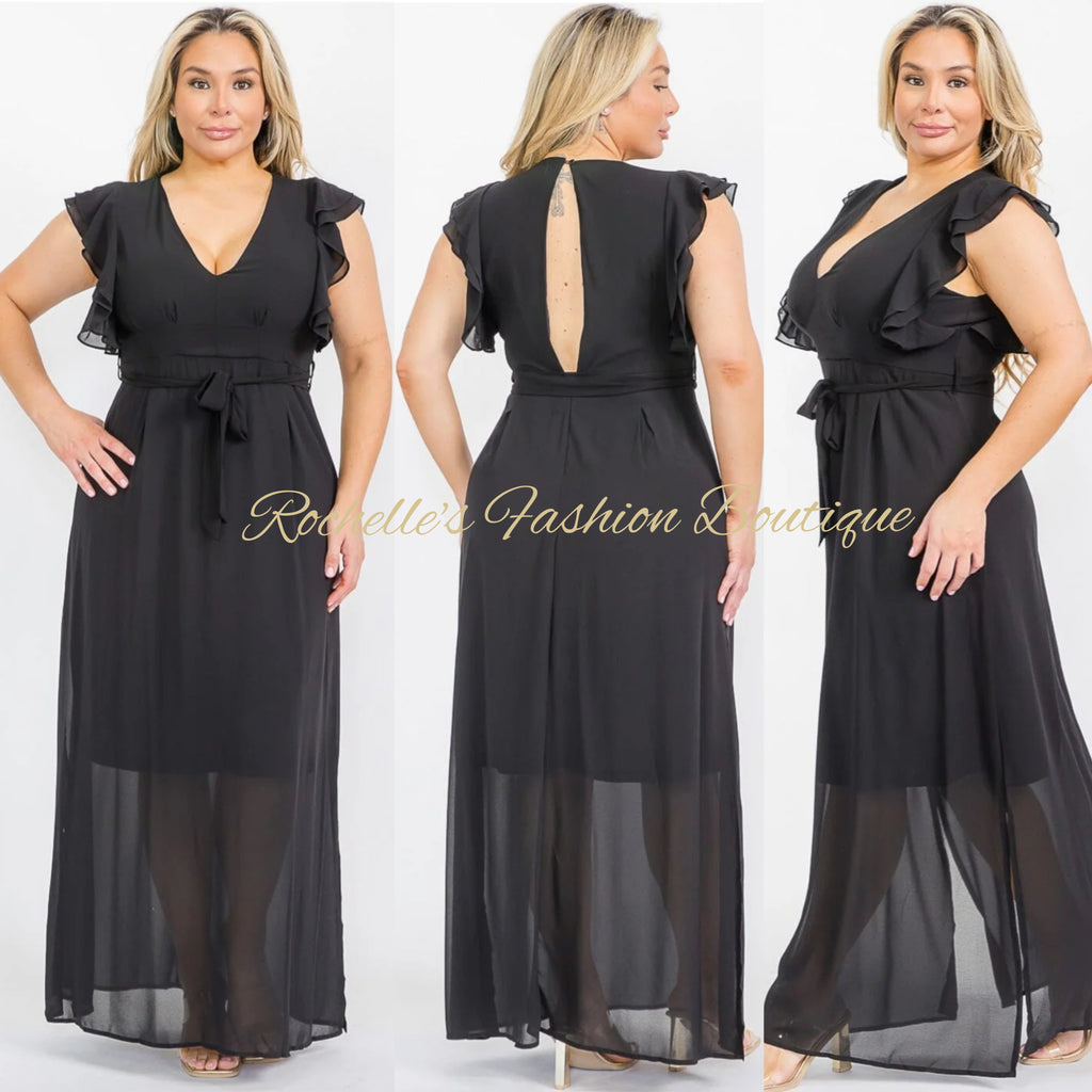 Black Ruffle Sleeve Maxi Dress