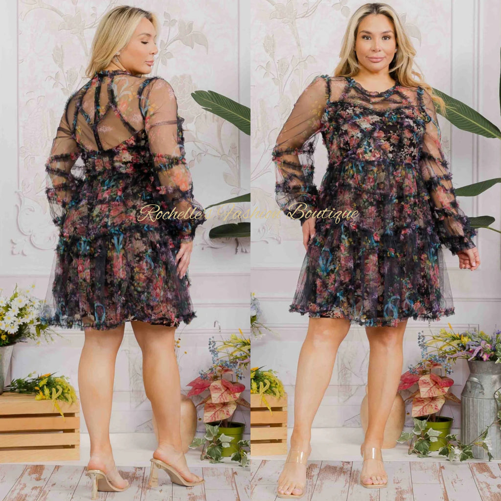 Muliti Blue Plus L/S Floral Ruffle Mini Dress