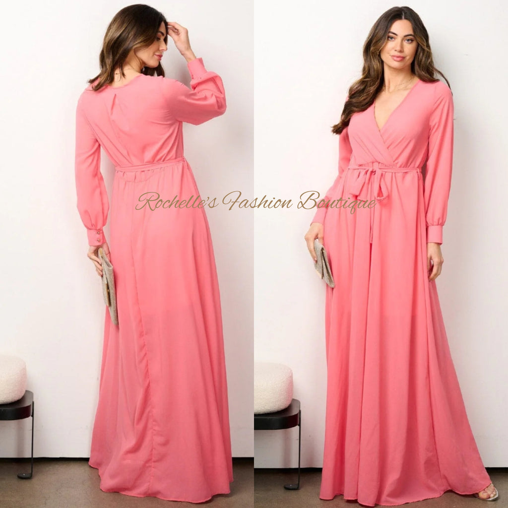 Coral L/S Tie Maxi Dress