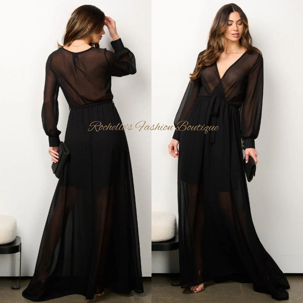 Black L/S Tie Maxi Dress
