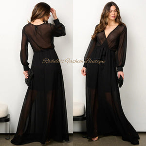 Black L/S Tie Maxi Dress