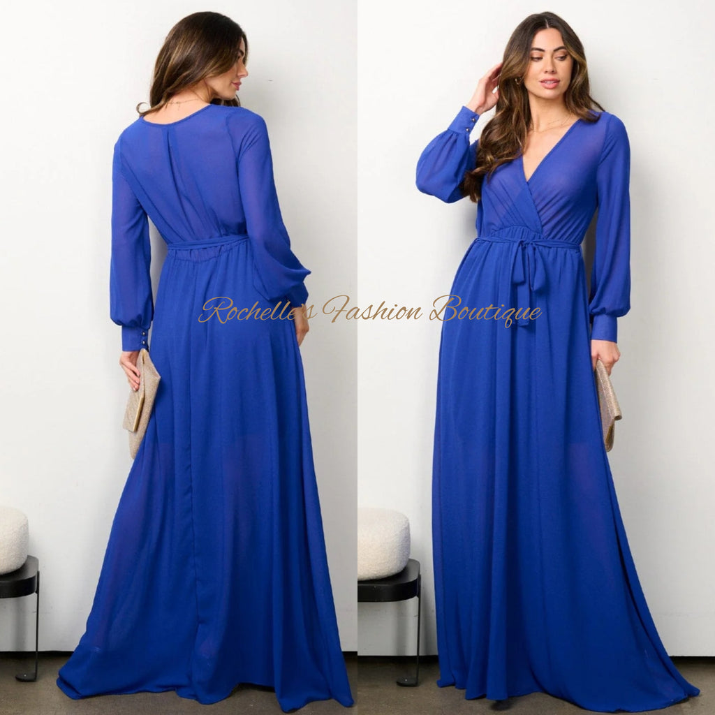 Royal Blue  L/S Tie Maxi Dress
