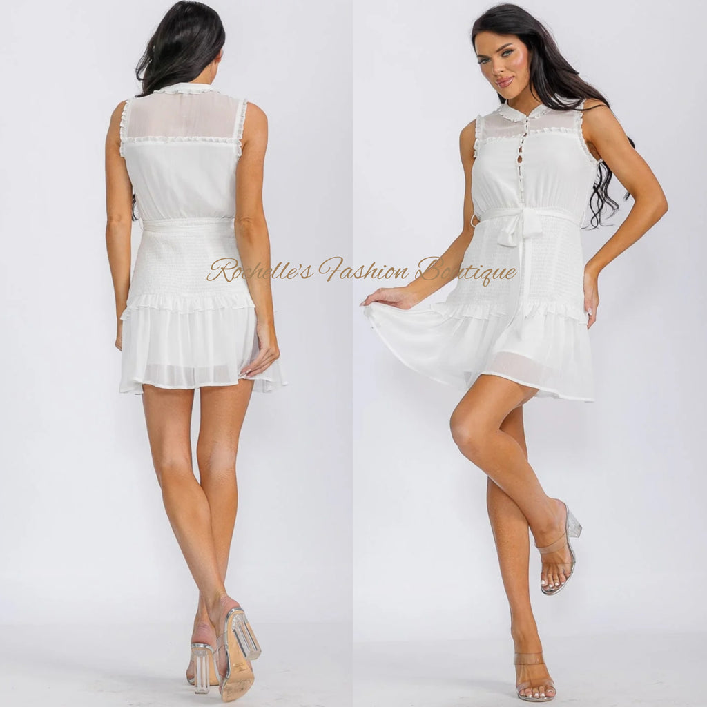 White Sleeveless Ruffle Tie Up Dress