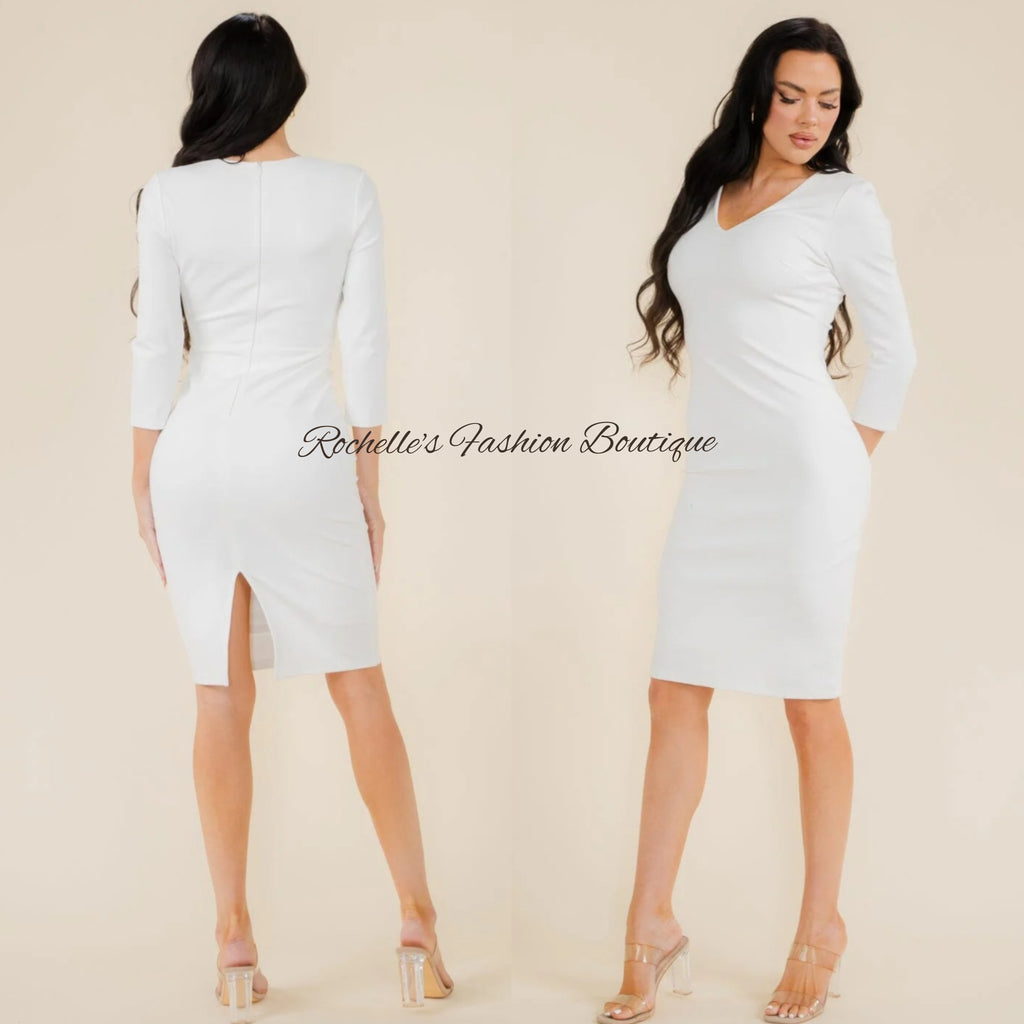 White 3/4 Sleeves V-Neck Bodycone Dress