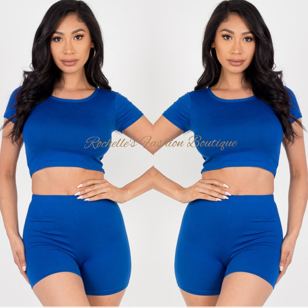 Royal Blue Solid S/S Crop Top Short Set