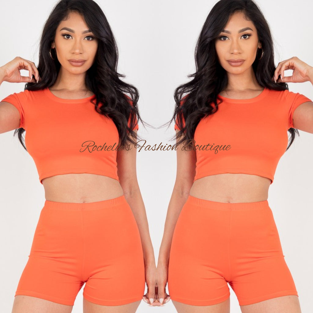 Orange Solid S/S Crop Top Short Set