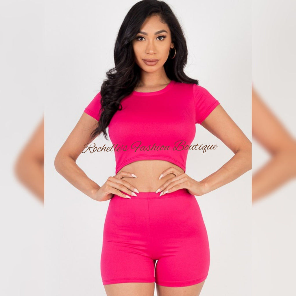 Pink Solid S/S Crop Top Short Set