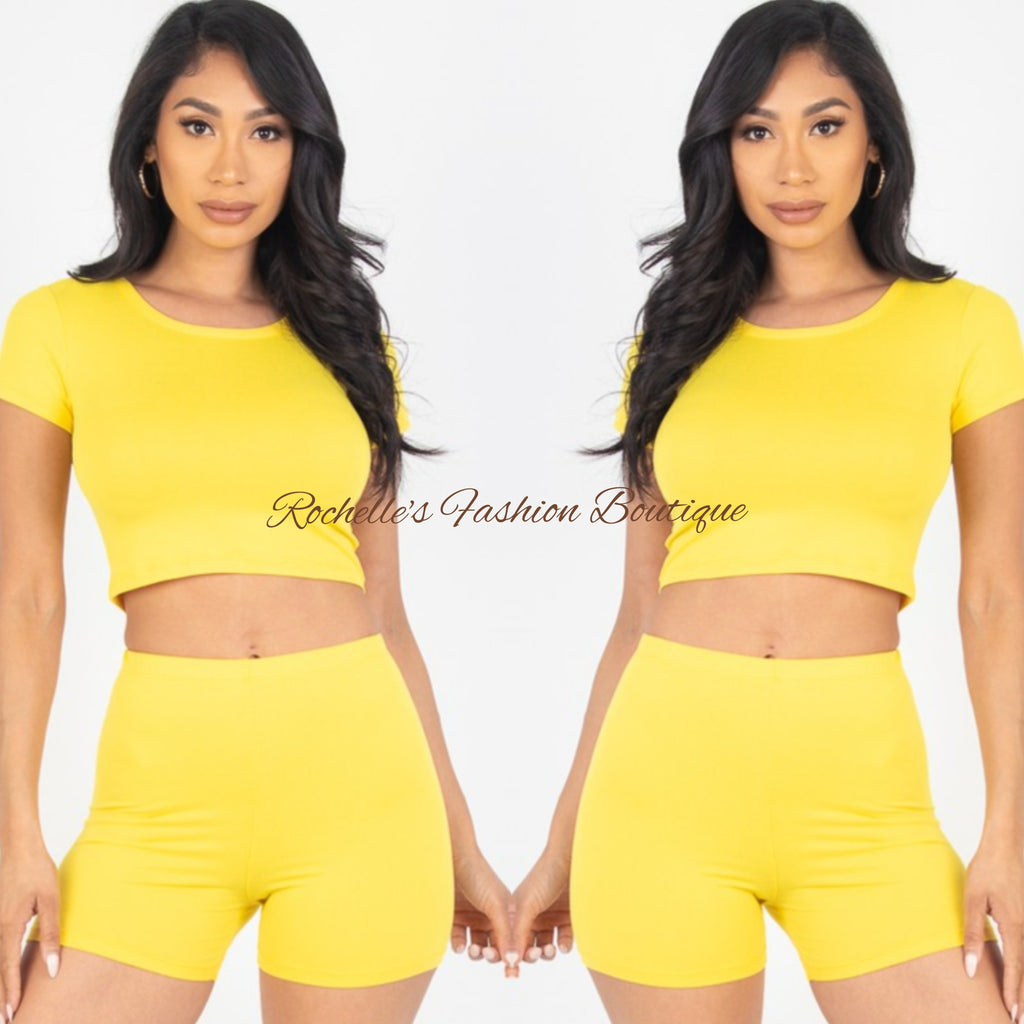 Yellow Solid S/S Crop Top Short Set
