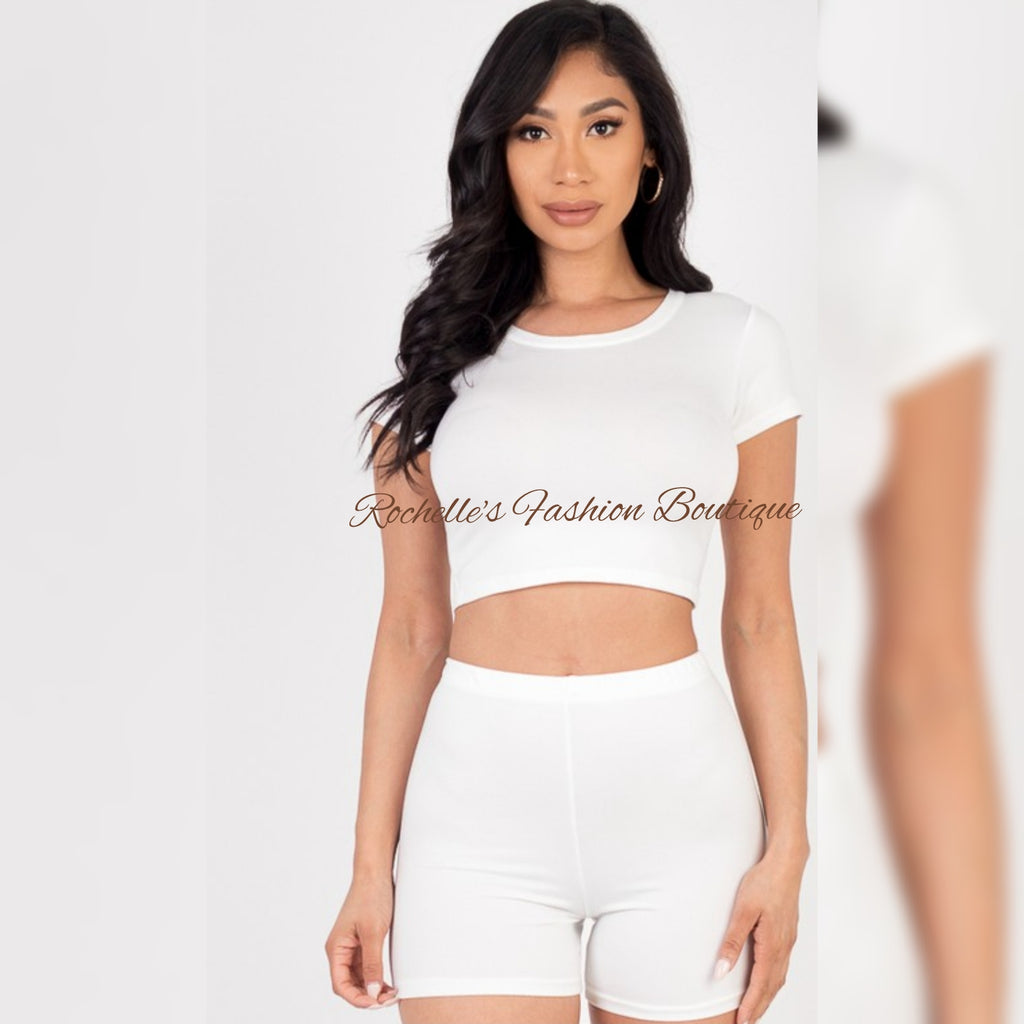 White Solid S/S Crop Top Short Set