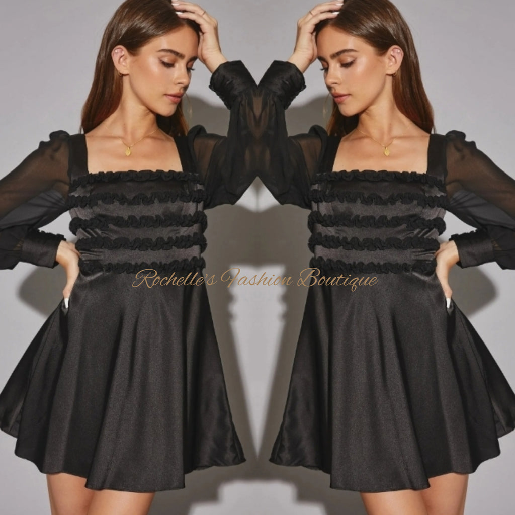 Black Satin Ruffle Flowy Mini Dress