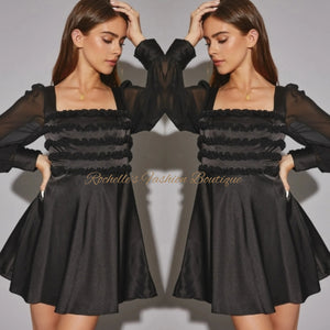 Black Satin Ruffle Flowy Mini Dress