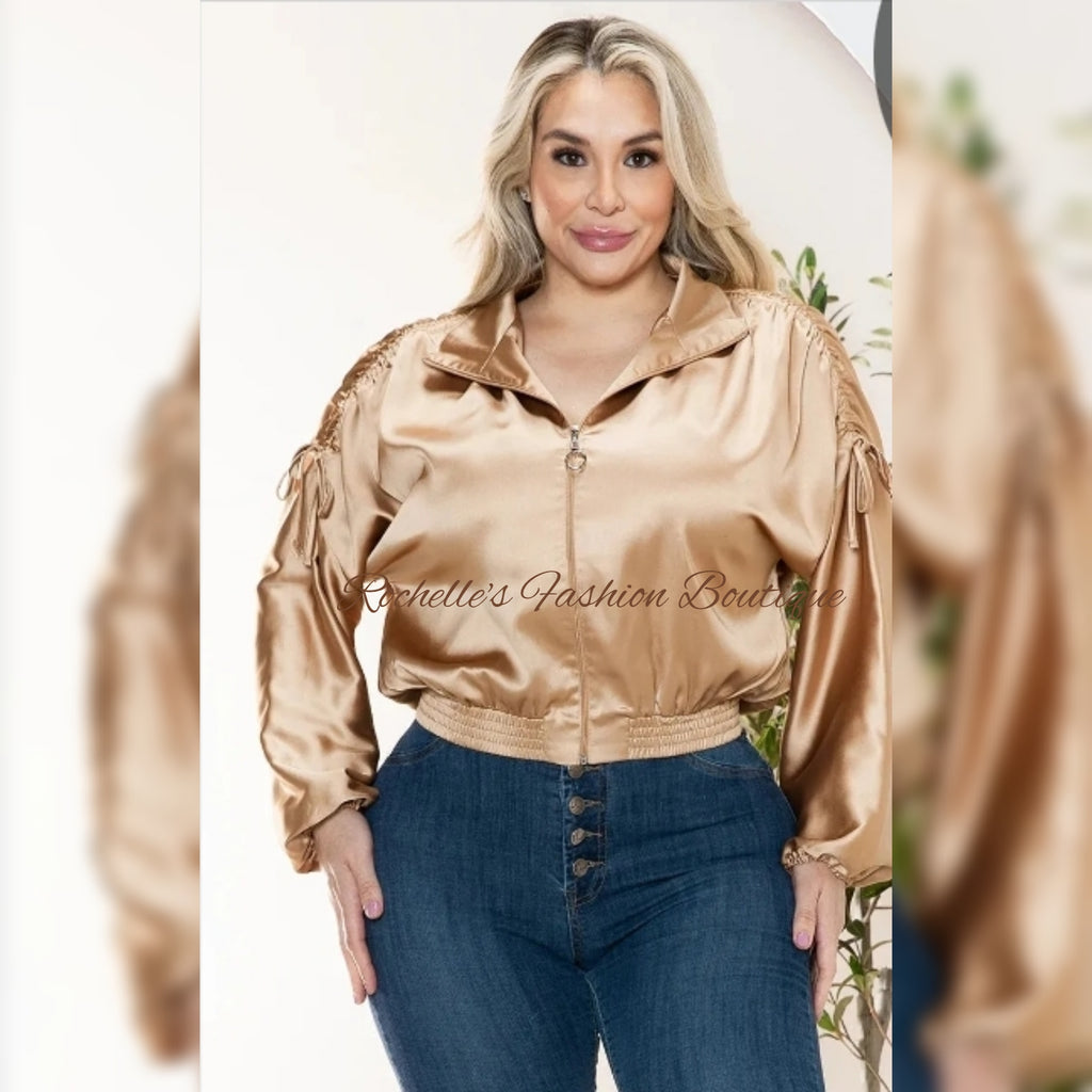 Tan Satin Bomber Jacket