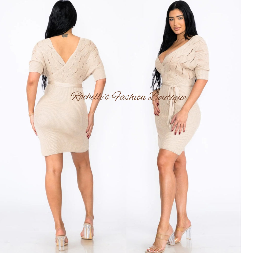 Tan S/S Side Sit V Neck Sweater Dress
